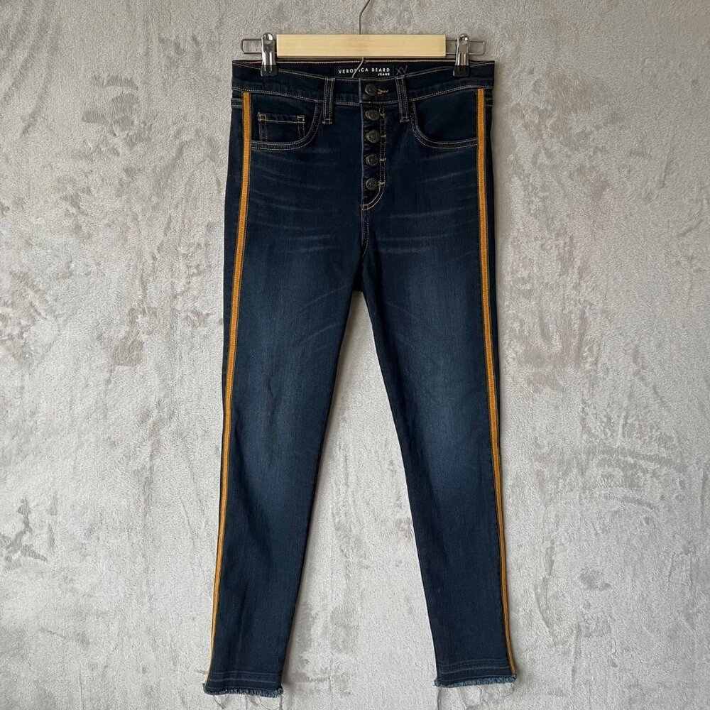 Veronica Beard High‎ Rise Skinny Jeans Size 25 Button Fly Side Stripe Raw Hem